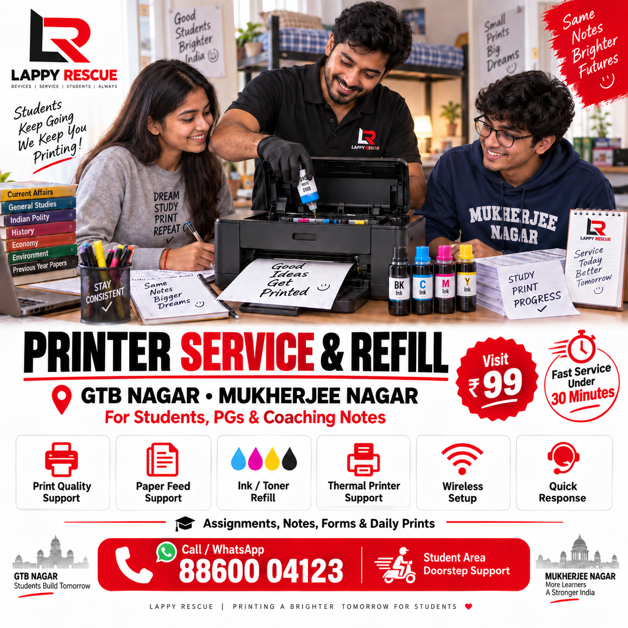 Printer service and refill for students in GTB Nagar and Mukherjee Nagar